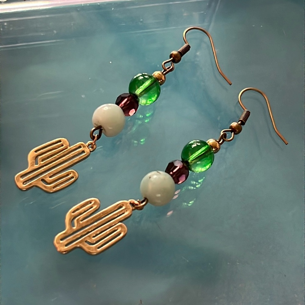 CACTUS CHIC - Brass Mint Green Purple - handmade natural amazonite hook earrings
